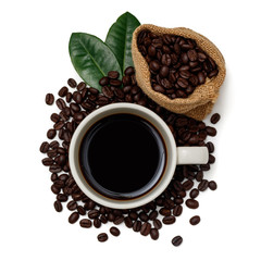 Top view  a cup of coffee and coffee beans in sack on white background.