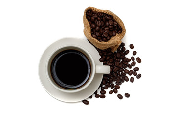 Top view  a cup of coffee and coffee beans in sack on isolated background.