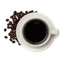 Top view  a cup of coffee and coffee beans on white background.