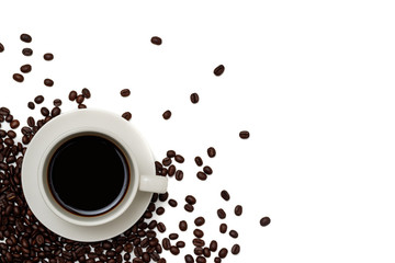 Top view  a cup of coffee and coffee beans on isolated background.Free space for your text.