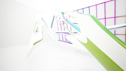 Abstract white and colored gradient glasses interior multilevel public space with window. 3D illustration and rendering.