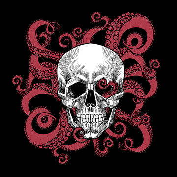 Skull and tentacles of the octopus .Vector seamless pattern
