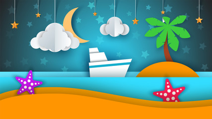 Ship, paper landscape, sea, cloud star cartoon illustration Vector eps 10