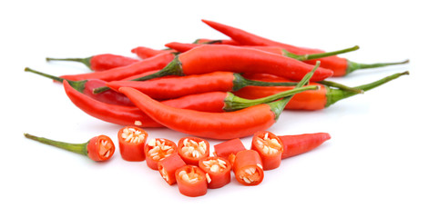 Red Spicy Chili Pepper with Chili Slices Isolated on White Background