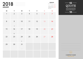 January planner 2018 on White Background for organization and business. Week Starts Monday. Minimal Planner with eclipse
