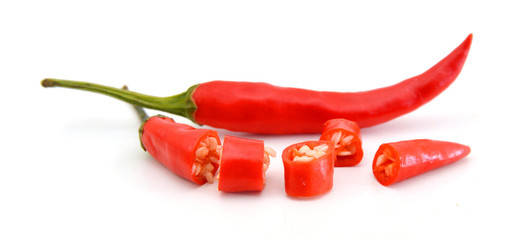 Fototapeta na wymiar Red Spicy Chili Pepper with Chili Slices Isolated on White Background