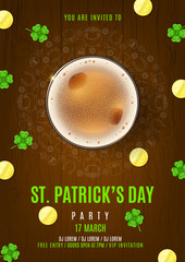 Party Flyer for Happy Saint Patrick's Day. Top View on Festive Composition with Beer Glass, Golden Coins and Clover Leaves on Wooden Texture. Vector Illustration. Invitation to nightclub.