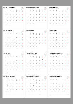 Calendar for 2018 on White Background for organization and business. Week Starts Monday. Minimal Planner with eclipse