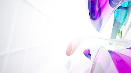 Abstract white and colored gradient glasses interior  with window. 3D illustration and rendering.