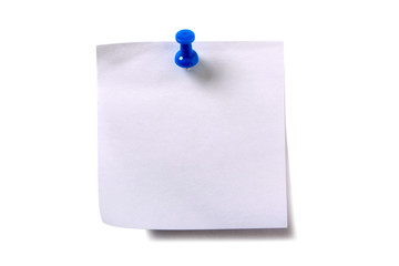 One single plain white square sticky post it note with blue pushpin isolated on white background photo