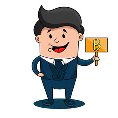 happy cartoon businessman holding a sign with the bitcoin sign, vector illustration