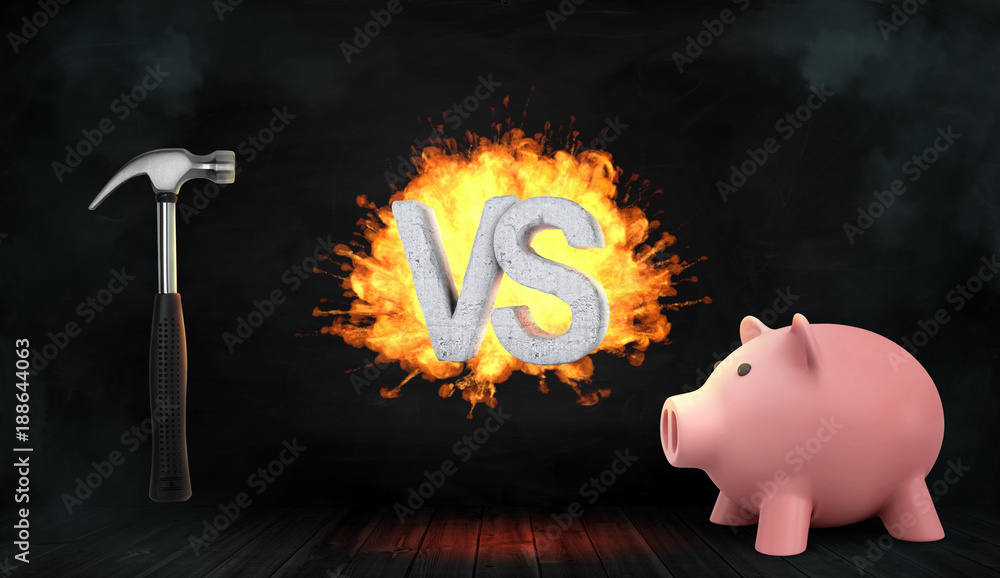 Poster 3d rendering of large concrete letters vs stand in the explosion center between a large hammer and a
