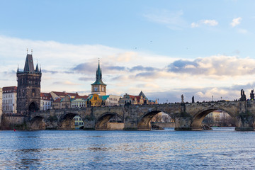 Obraz na płótnie Canvas Pedestrians only Charles Bridge a.k.a. Stone Bridge, Kamenny most, Prague Bridge, Prazhski most over Vltava river in Prague, Czech Republic.