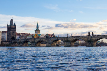 Pedestrians only Charles Bridge a.k.a. Stone Bridge, Kamenny most, Prague Bridge, Prazhski most over Vltava river in Prague, Czech Republic.
