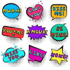 Big bright retro comic speech bubbles set with colorful LOVE YOU, KISS ME, MWAH, AMOUR words. Colorful outline balloons with halftone shadow in pop art style for St. Valentines event advertisement