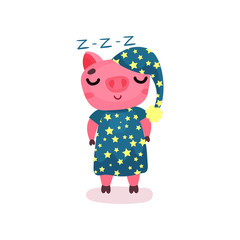 Cute pig character wearing blue pajamas and hat standing and sleeping, funny cartoon piggy animal vector Illustration