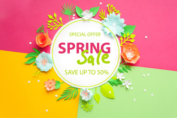Spring sale. Banner, flyer, invitation, posters, brochure voucher discount Advertising Cut from paper.