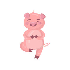 Cute pig character meditating while sitting on the floor, funny cartoon piggy animal vector Illustration