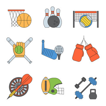 Set of sport vector icons in flat design line pictogram fitness sportsmen symbol game trophy competition dumbbell activity illustration. Basketball, football, hockey, golf