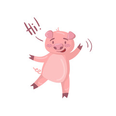 Cute pig character saying Hi, funny cartoon piggy animal vector Illustration