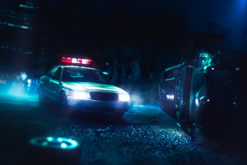 Police car arriving near a car crash / scale model scene