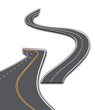 Road with white stripes on a plaid background. Set curved routes