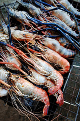 Close Up Grilling Big Prawns on Stove Charcoal for Eat at Home