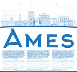 Outline Ames Iowa Skyline with Blue Buildings and Copy Space.