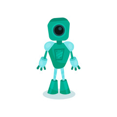 Turquoise friendly robot, artificial intelligence cartoon vector Illustration