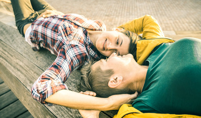 Happy girlfriends in love sharing time together at travel trip outdoors in spring break season -...