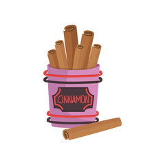 Cinnamon spice, brown roll sticks, ingredient of culinary condiment cartoon vector Illustration
