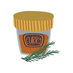 Curry powder in a glass jar, spice herb, element for restaurant or kitchen menu design,  cartoon  vector Illustration