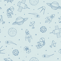 Modèle sans couture de vecteur dessiné à la main avec cosmonautes, satellites, fusées, planètes, lune, étoiles filantes et OVNI. Ornement cosmique sur fond clair.