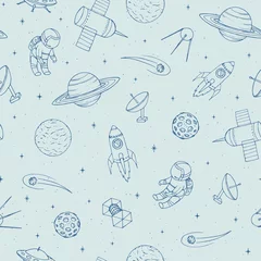 Papier Peint photo Cosmos Modèle sans couture de vecteur dessiné à la main avec cosmonautes, satellites, fusées, planètes, lune, étoiles filantes et OVNI. Ornement cosmique sur fond clair.