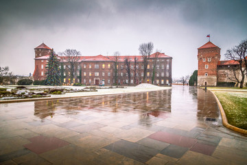 Wawel castle in Krakow during a snowy day at Christmas, the historic Polish city, Europe.