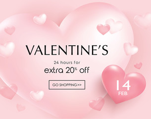 Valentines day sale poster with pink hearts background