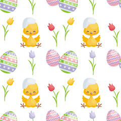 Easter seamless pattern with the image of cute chicks and painted eggs. Vector background.
