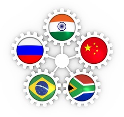 BRICS - association of five major emerging national economies members flags on cog wheels. Trade union. Global teamwork. 3D rendering