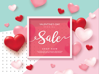 Happy Valentines Day sale poster with pink and red hearts