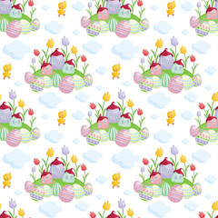 Easter seamless pattern with the image of cute chicks and painted eggs. Vector background.