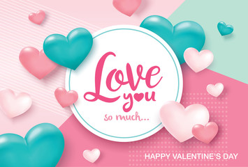 Happy Valentines Day greeting card with sweet and lovely hearts background