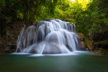 Smooth Waterfall in the Forest. Huay Mae Khamin Waterfall at Sri Nakarin National Park, Kanchanaburi  Province, Thailand.