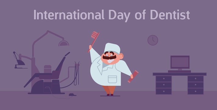 Happy dentist's day celebration card with doctor and dentist office.