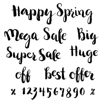 Spring sale lettering set with numbers. Hand drawn phrases. Brush strokes texture.