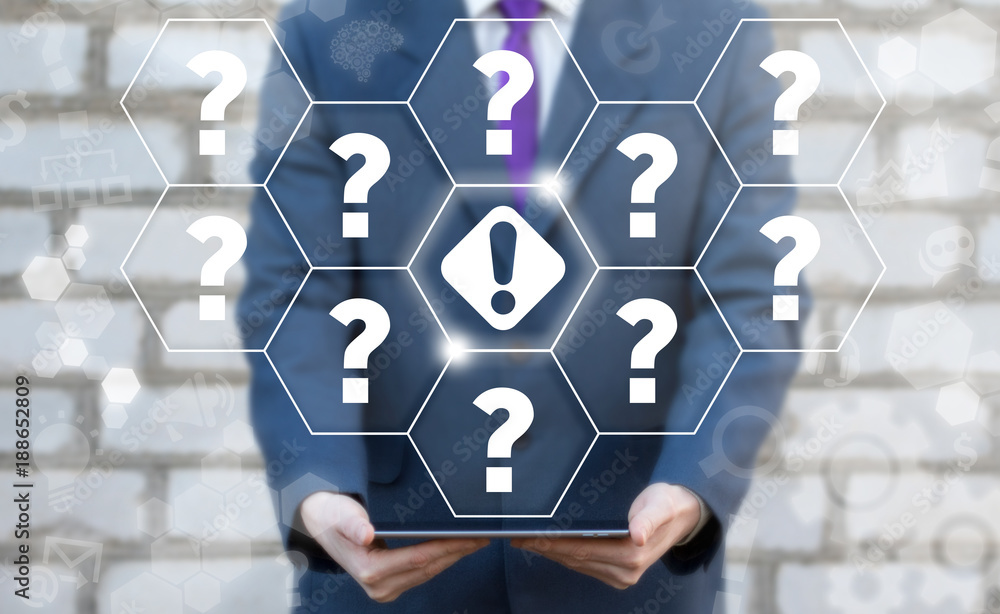 Poster businessman offers tablet computer with exclamation attention mark and questions on a virtual interf