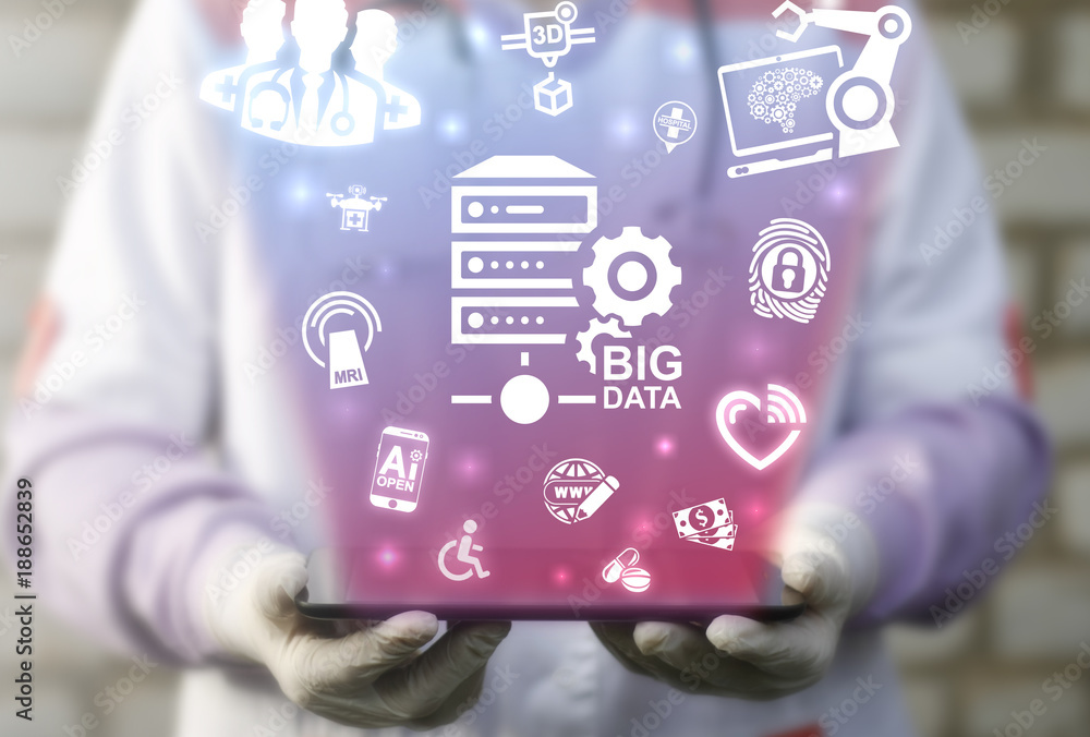 Poster woman physician using tablet computer and virtual touchscreen offers big data networking server syst