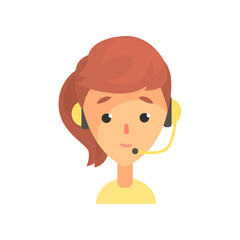 Female call center worker, online technical support service assistant with headphones, cartoon vector Illustration