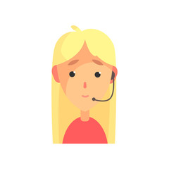 Cheerful female call center agent, online customer support service assistant with headphones, cartoon vector Illustration