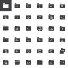 File folders vector icons set, modern solid symbol collection, filled style pictogram pack. Signs, logo illustration. Set includes icons as share folder, business, archive, portfolio, storage, data
