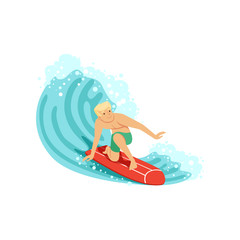 Fototapeta na wymiar Cheerful man surfing on the ocean wave, water extreme sport, summer vacation vector Illustration